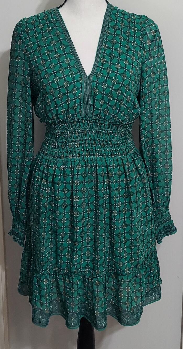 Max Studio London XS Floral Mini Dress Smocked Waist Boho Long Sleeve NWT